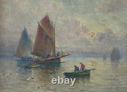 Corbier, Antique Painting, Oil On Panel, Boat, Fishing, Gaston Corbier