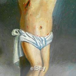 Crucifixion Ancient Painting Oil On Wood Signed Non-gilt Frame 92 X 72 CM