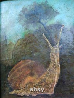 Curiosity, rare, ancient painting Oil on Canvas snail landscape