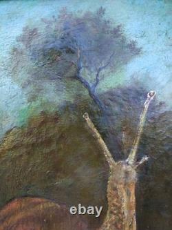 Curiosity, rare, ancient painting Oil on Canvas snail landscape