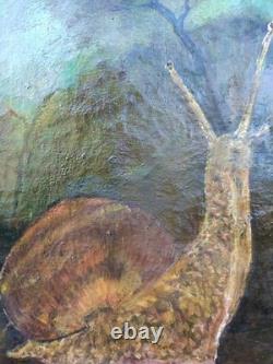 Curiosity, rare, ancient painting Oil on Canvas snail landscape