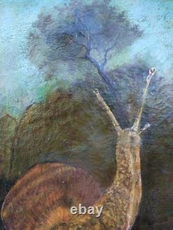 Curiosity, rare, ancient painting Oil on Canvas snail landscape