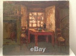 Denis-old Painting Inside Brunaud Twentieth Breton Oil On Canvas Signed