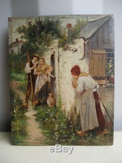 End Table Old XIX Century Torque Of Lovers A-painting Oil On Wood