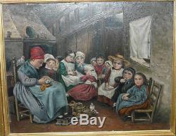 Family In Veille Oil On Panel Old Framing Gilded Frame