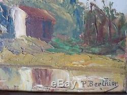 Farm A L'etang Landscape Oil On Cardboard Table Old P. Berthier 1931