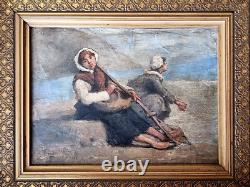 Fishing Women signed E FEYEN / old painting oil on canvas fishing scene
