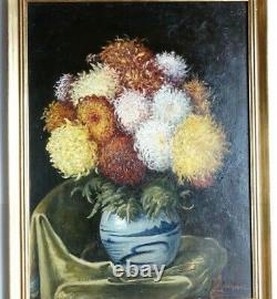 Flowers In A Vase Grand Table Ancient 19th Signed In Red On Mahogany Wood