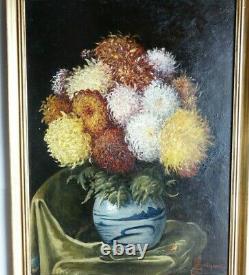 Flowers In A Vase Grand Table Ancient 19th Signed In Red On Mahogany Wood