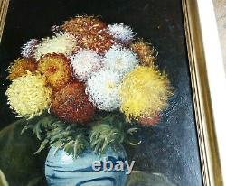 Flowers In A Vase Grand Table Ancient 19th Signed In Red On Mahogany Wood