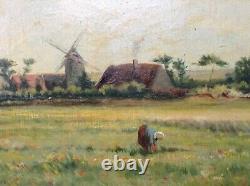 Former 19th Painting Impressionism Oil Landscape Seaside Animated Signed C. 1885