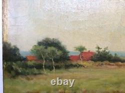 Former 19th Painting Impressionism Oil Landscape Seaside Animated Signed C. 1885