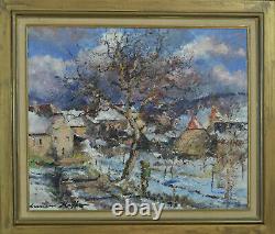 Former Landscape Painting Impressionist Village Snow Signed Lucien Haffen Alsace