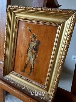 Former Oil Painting On Napoleonic Soldier Panel Signed 21x15 CM / 2