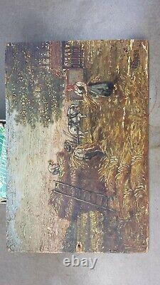 Former Oil Painting On Wood Country Landscape La Fenaison Signed V Moiriat