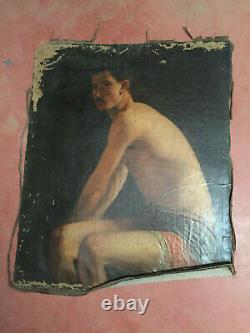 Former Painting Oil On Canvas Inconnu (xixe-s) Man Sitting In Swimsuit