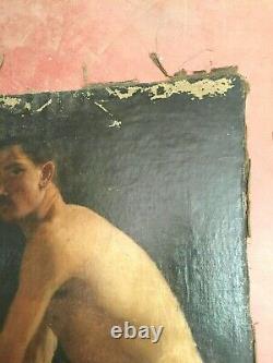 Former Painting Oil On Canvas Inconnu (xixe-s) Man Sitting In Swimsuit