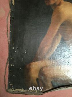 Former Painting Oil On Canvas Inconnu (xixe-s) Man Sitting In Swimsuit