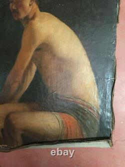 Former Painting Oil On Canvas Inconnu (xixe-s) Man Sitting In Swimsuit