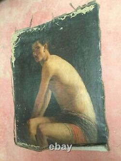 Former Painting Oil On Canvas Inconnu (xixe-s) Man Sitting In Swimsuit