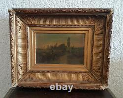 Former Painting Painting Oil On Wood Landscape Character Gilded Frame XIX Eme