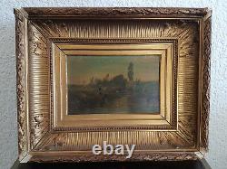 Former Painting Painting Oil On Wood Landscape Character Gilded Frame XIX Eme