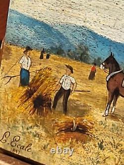 Former Painting Signed L. Ecale 1897 La Moisson. Oil Painting On Wood Panel