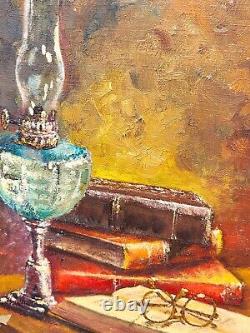 Former Painting Signed Sylvie. Petroleum Lamp And Books Oil Painting On Canvas