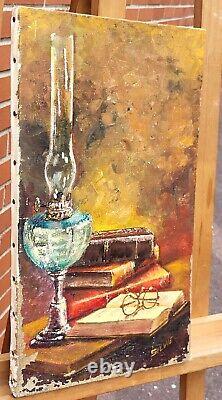 Former Painting Signed Sylvie. Petroleum Lamp And Books Oil Painting On Canvas