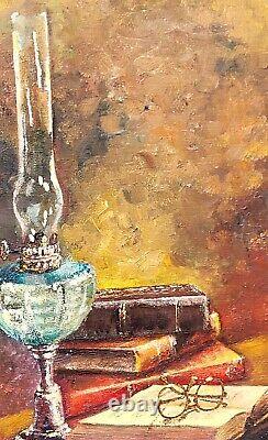 Former Painting Signed Sylvie. Petroleum Lamp And Books Oil Painting On Canvas