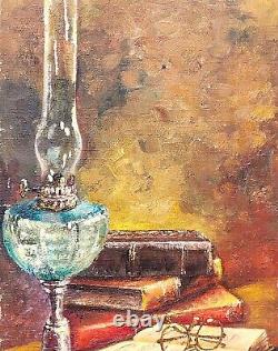 Former Painting Signed Sylvie. Petroleum Lamp And Books Oil Painting On Canvas