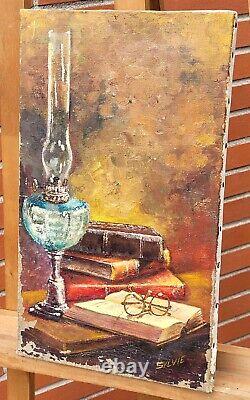 Former Painting Signed Sylvie. Petroleum Lamp And Books Oil Painting On Canvas