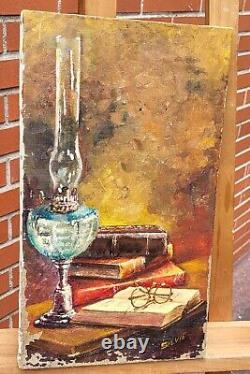 Former Painting Signed Sylvie. Petroleum Lamp And Books Oil Painting On Canvas