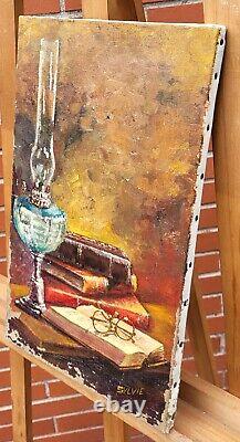 Former Painting Signed Sylvie. Petroleum Lamp And Books Oil Painting On Canvas