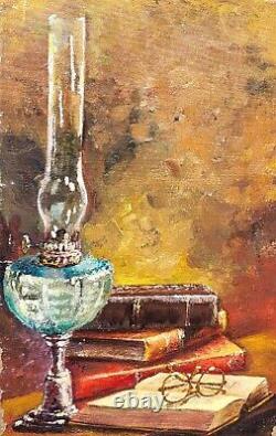 Former Painting Signed Sylvie. Petroleum Lamp And Books Oil Painting On Canvas