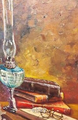 Former Painting Signed Sylvie. Petroleum Lamp And Books Oil Painting On Canvas