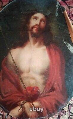 Former Religious Painting Jesus Painting Oil On Canvas Glued To The Glass 19s