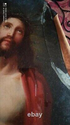 Former Religious Painting Jesus Painting Oil On Canvas Glued To The Glass 19s