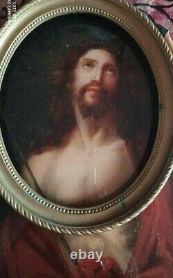 Former Religious Painting Jesus Painting Oil On Canvas Glued To The Glass 19s