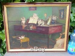 Former Surprisingly Large Painting Oil On Canvas, Kittens Around And On A Piano