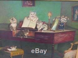 Former Surprisingly Large Painting Oil On Canvas, Kittens Around And On A Piano