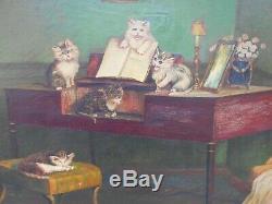 Former Surprisingly Large Painting Oil On Canvas, Kittens Around And On A Piano