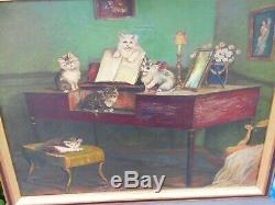 Former Surprisingly Large Painting Oil On Canvas, Kittens Around And On A Piano