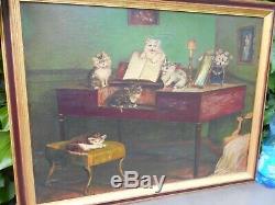 Former Surprisingly Large Painting Oil On Canvas, Kittens Around And On A Piano