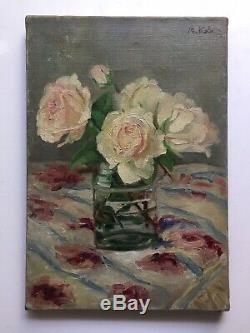 Former Table Early Twentieth Vase Roses Bouquet Of Flowers Oil On Canvas Signed