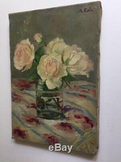 Former Table Early Twentieth Vase Roses Bouquet Of Flowers Oil On Canvas Signed