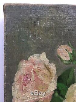 Former Table Early Twentieth Vase Roses Bouquet Of Flowers Oil On Canvas Signed