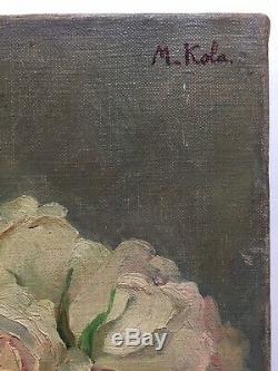 Former Table Early Twentieth Vase Roses Bouquet Of Flowers Oil On Canvas Signed