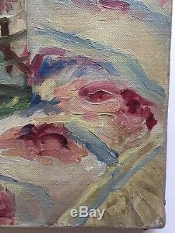 Former Table Early Twentieth Vase Roses Bouquet Of Flowers Oil On Canvas Signed