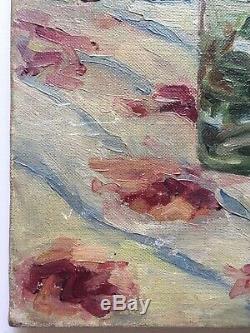 Former Table Early Twentieth Vase Roses Bouquet Of Flowers Oil On Canvas Signed